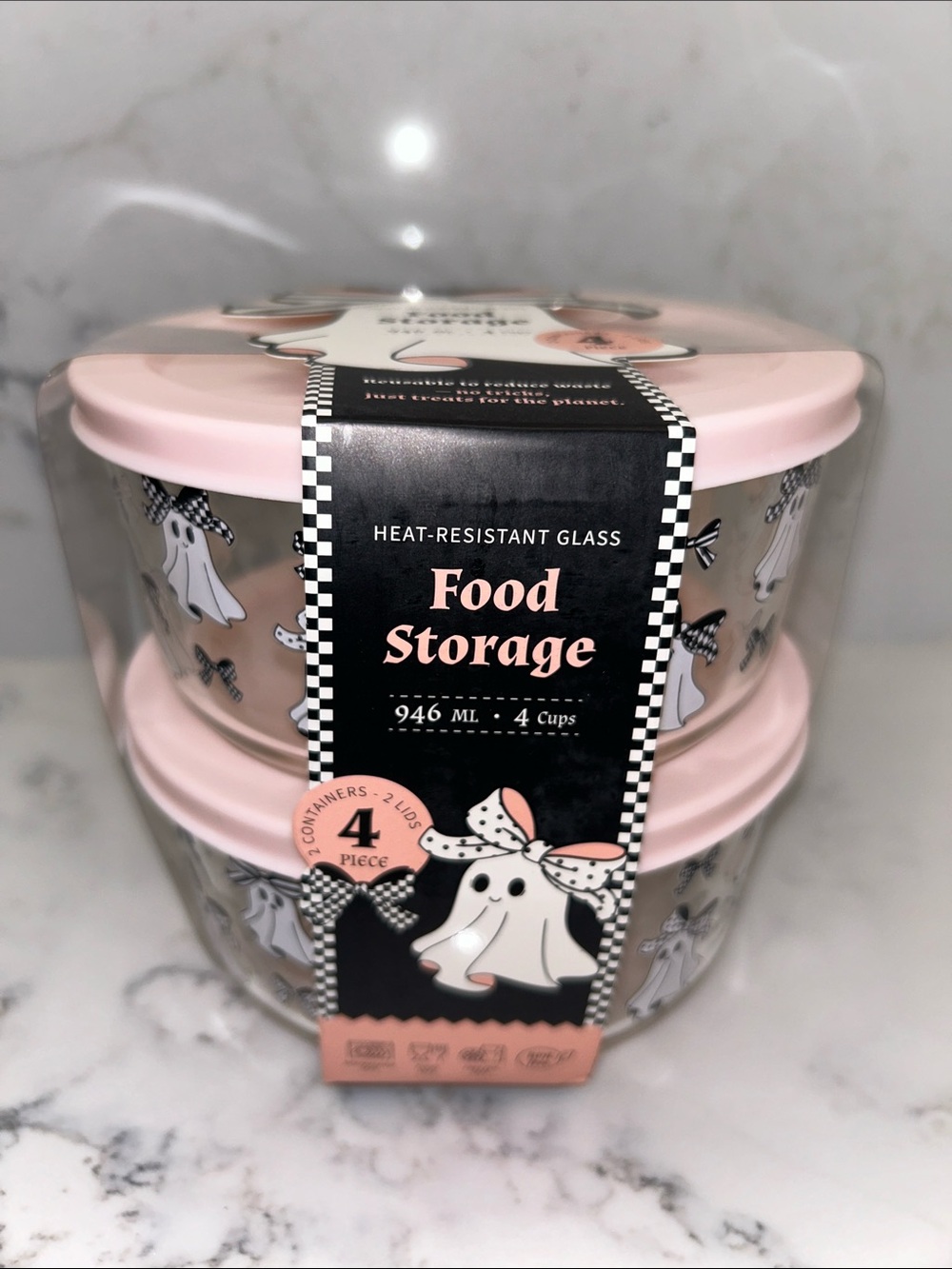 Pink Ghost Bow Glass Food Storage Containers Set of 2